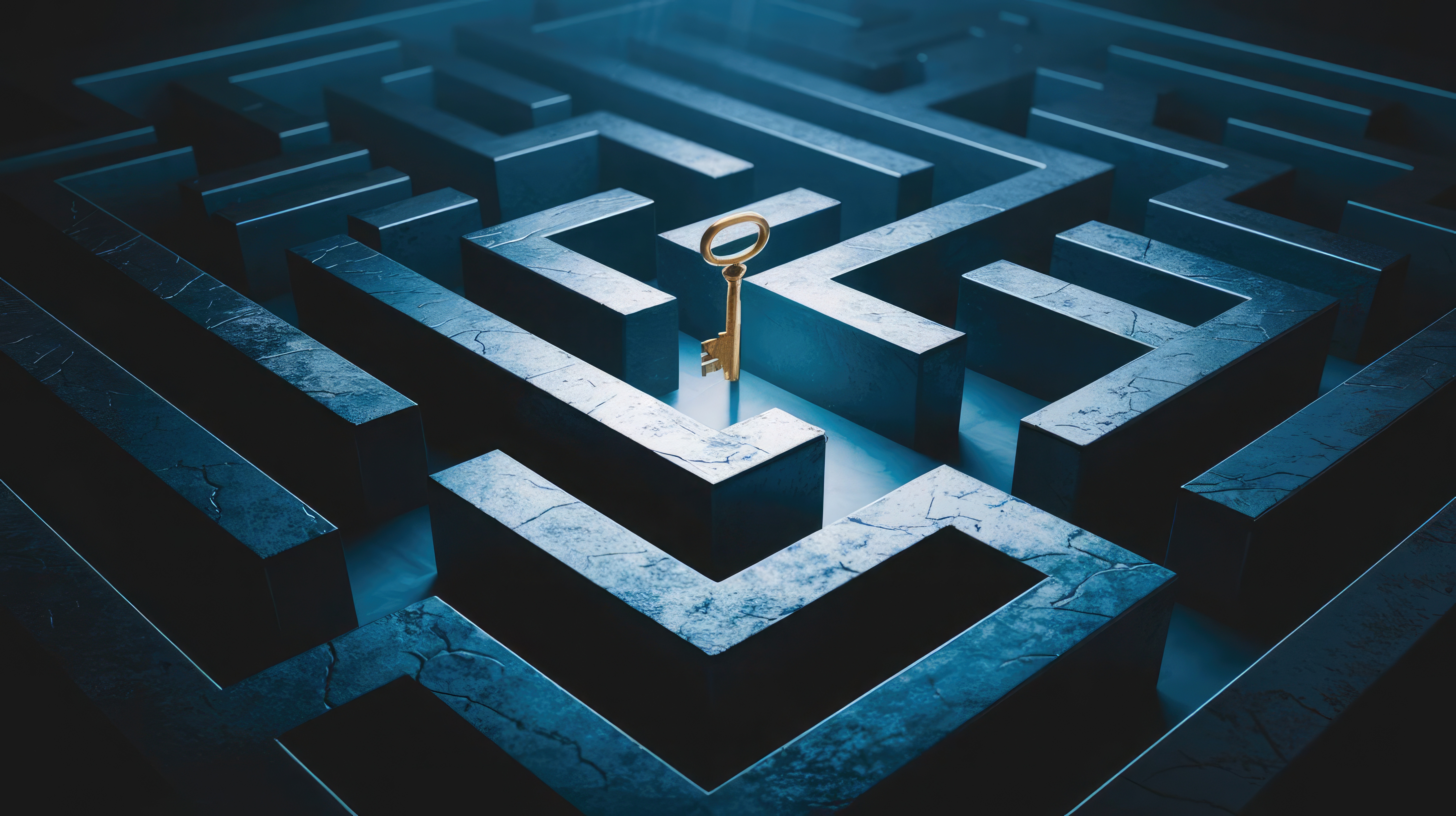 Ein goldener Schlüssel steht inmitten eines dunklen Labyrinths – Symbol für strategische Orientierung und unternehmerische Klarheit.